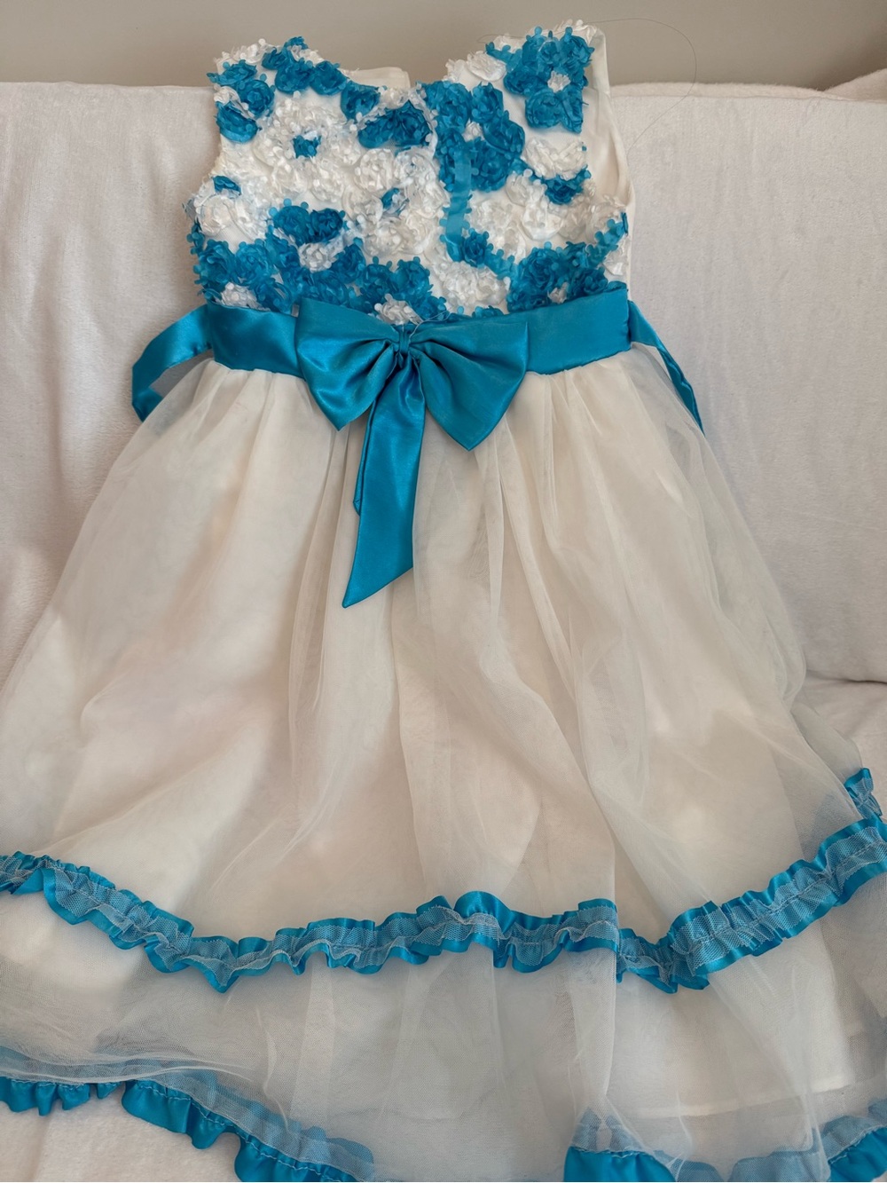 White Floral Appliqué Party Dress with Teal Satin Bow for Girls